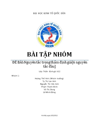 Bài tập nhóm môn Kiểm toán ngân hàng - Đề bài: Nguyên tắc trong thẩm định giá (6 nguyên tắc đầu)