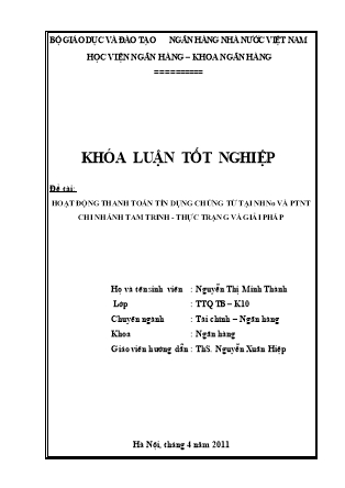 Bìa mẫu - Khóa luận Hoạt động thanh toán tín dụng chứng từ tại ngân hàng nông nghiệp và phát triển nông thôn chi nhánh Tam trinh - Thực trạng và giải pháp