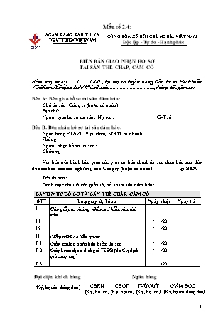 Biểu mẫu - Mẫu số 2.4 - Biên bản giao nhận hồ sơ tài sản thế chấp, cầm cố
