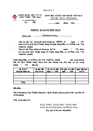 Biểu mẫu - Mẫu số 2.7 - Thông báo nợ đến hạn