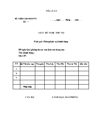 Biểu mẫu - Mẫu số 2.8 - Giấy đề nghị thu nợ