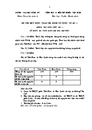 Đề thi hết môn - Môn thi: Quan hệ kinh tế quốc tế