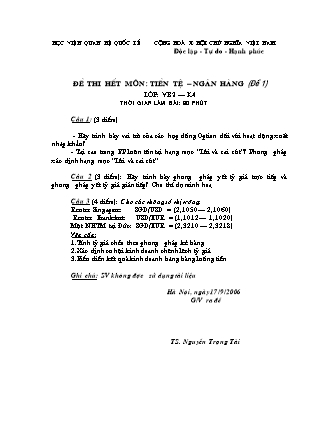 Đề thi hết môn: Tiền tệ – ngân hàng