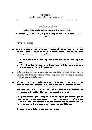 Hệ thống Chuẩn mực kiểm toán Việt Nam - Chuẩn mực số 220: Kiểm soát chất lượng hoạt động kiểm toán